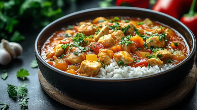 Köstliches Hähnchengericht mit Paprika-Sahnesoße und Reis