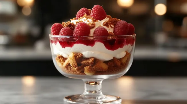 Köstliches Himbeerdessert in Glasschale mit Spekulatius