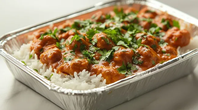 Köstliches Hühnchen-Tikka-Masala-Gericht mit Reis