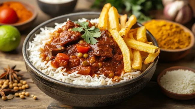 Köstliches iranisches Gericht mit Reis und Pommes