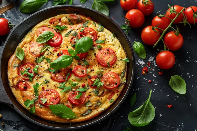 Köstliches italienisches Omelett mit Tomaten und Basilikum