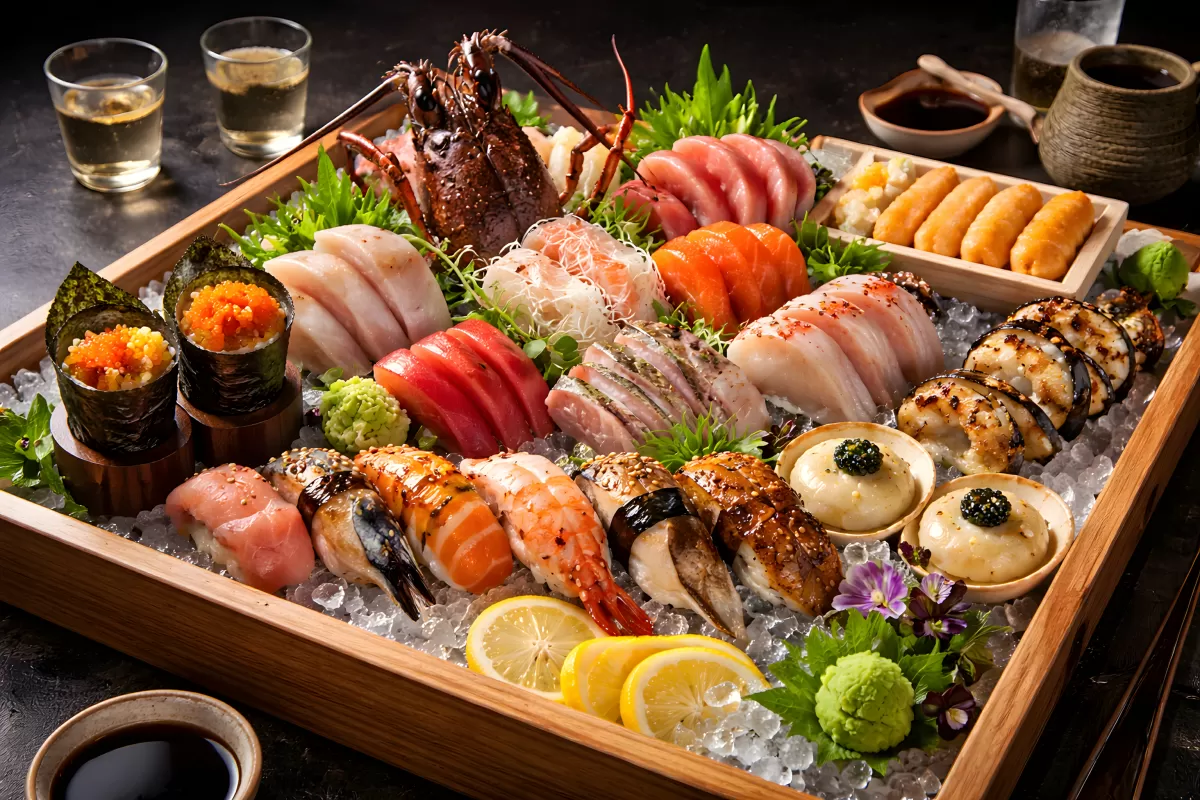 Köstliches japanisches Sushi-Gericht auf dunkler Platte