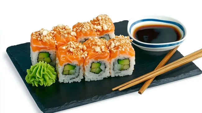 Köstliches japanisches Sushi mit Lachs und Avocado
