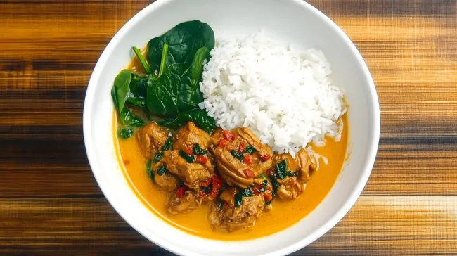 Köstliches karibisches Hühnchengericht mit Reis und Spinat