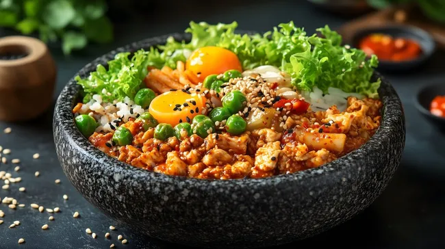 Köstliches koreanisches Bibimbap-Gericht in Steinschale