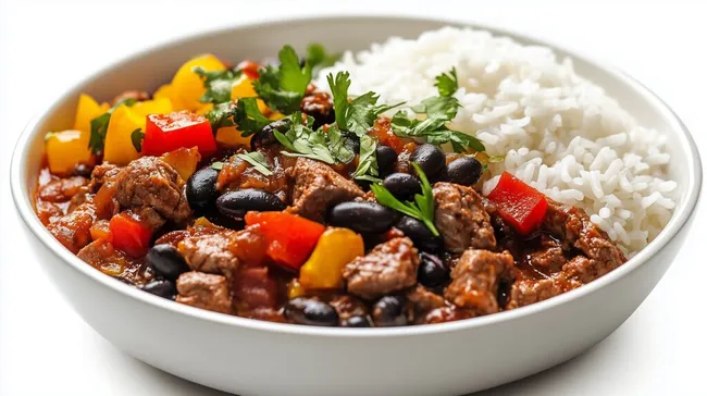 Köstliches kubanisches Ropa Vieja mit Reis und Bohnen