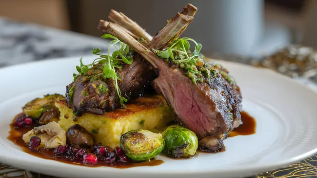 Köstliches Lammkarree mit Soße und Beilagen