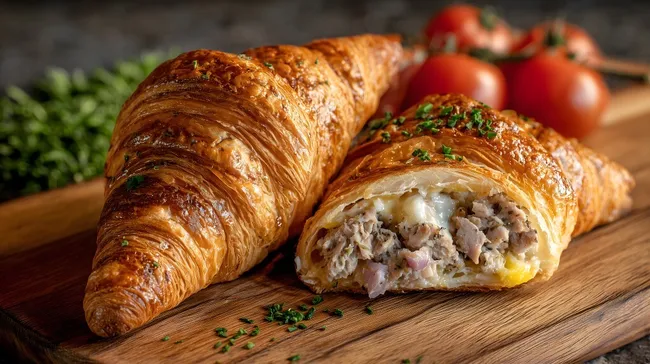 Köstliches mit Fleisch gefülltes Croissant auf Holzbrett