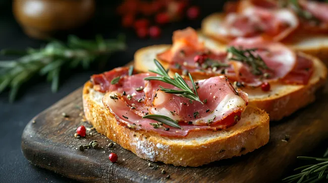 Köstliches Mittelmeer-Frühstücksbrot mit Schinken und Rosmarin