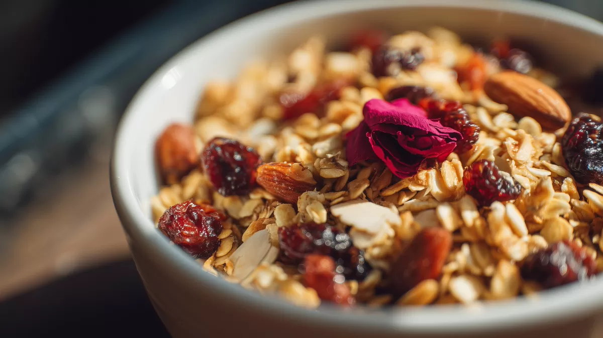 Köstliches Müsli mit getrockneten Früchten und Nüssen