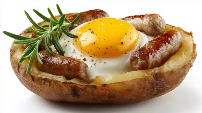 Köstliches Ofenkartoffel-Frühstück mit Ei und Wurst