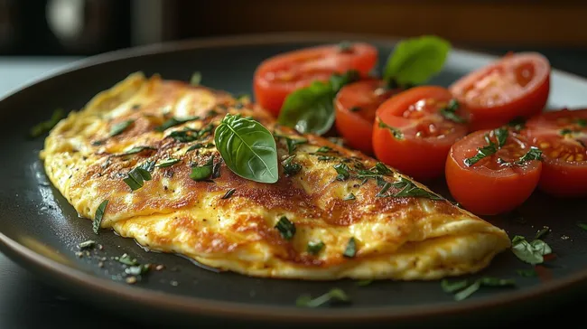 Köstliches Omelette mit frischen Tomaten und Basilikum