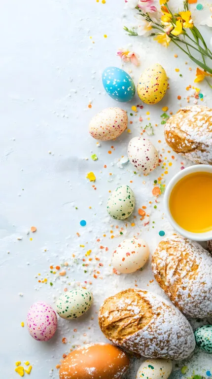 Köstliches Osterfrühstück mit handbemalten Eiern