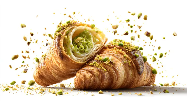 Köstliches pistazienbesetztes Croissant mit sichtbarer Füllung