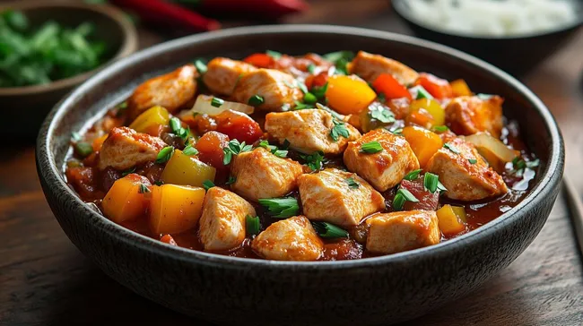 Köstliches Putengulasch mit Gemüse in rustikaler Schüssel