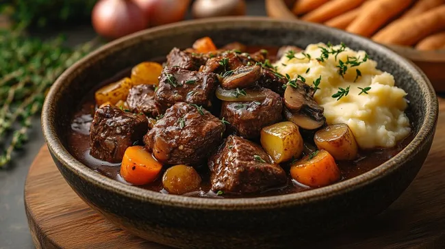Köstliches Rind-Gemüse-Eintopf mit Kartoffelpüree