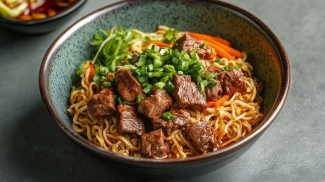 Köstliches Rinderzubereitung mit Reisnudeln und Frühlingszwiebeln