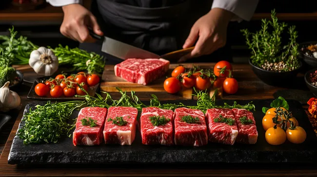 Köstliches Rindfleisch mit frischem Gemüse auf Holzbrett