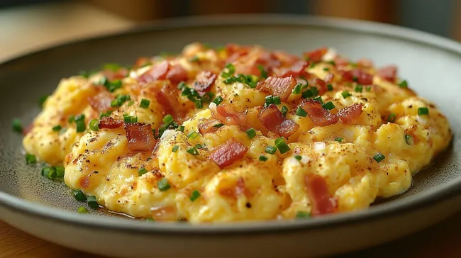 Köstliches Rührei mit krospen Speckwürfeln