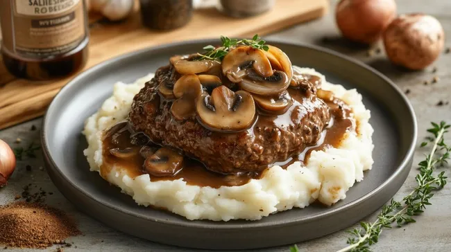 Köstliches Salisbury-Steak mit Kartoffelpüree und Pilzsauce