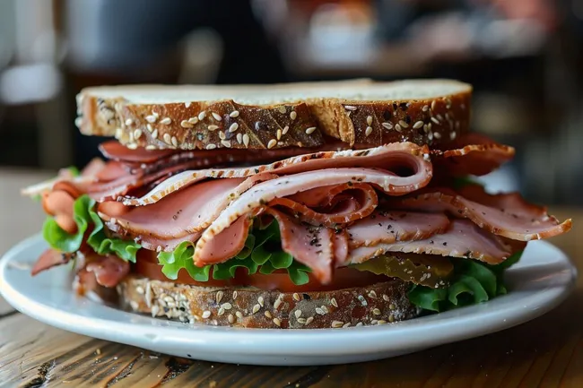Köstliches Sandwich mit Puter-Pastrami und Gemüse