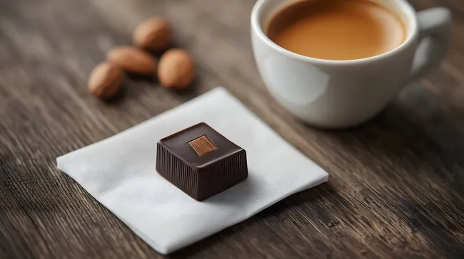 Köstliches Schokoladenstück mit Kaffee auf rustikalem Holztisch