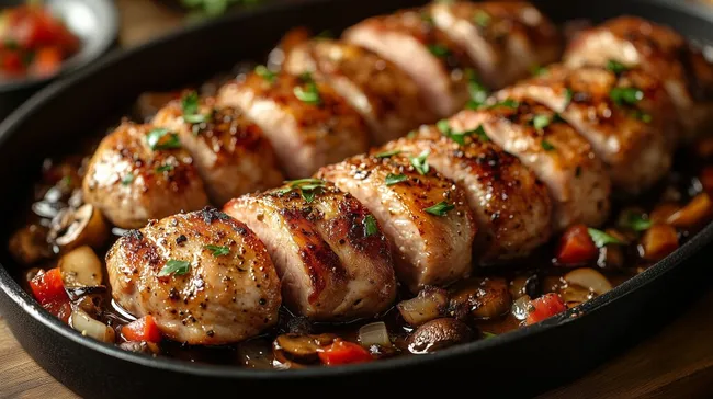 Köstliches Schweinefleisch-Pilz-Gemüse-Gericht