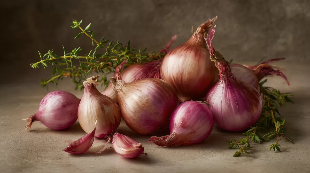 Köstliches Sortiment lila Zwiebeln mit frischen Kräutern