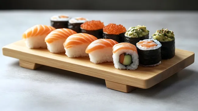 Köstliches Sushi-Sortiment auf Holzbrett