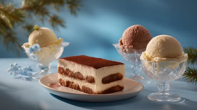 Köstliches Tiramisu-Dessert mit Eiscreme auf Holztisch