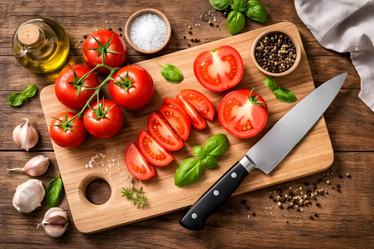 Köstliches Tomaten-Stillleben auf Holzuntergrund