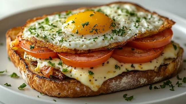 Köstliches Tomatenbrot mit Spiegelei und Kräutern