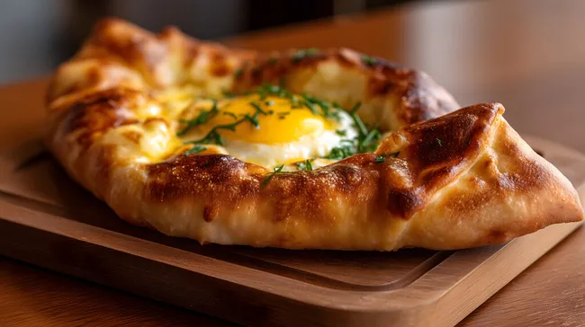 Köstliches traditionelles georgisches Khachapuri-Brot mit Ei und Käse