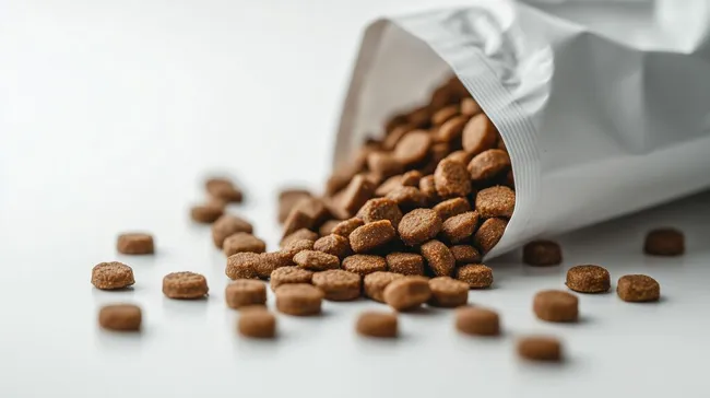 Köstliches, trockenes Tierfutter in offener Packung