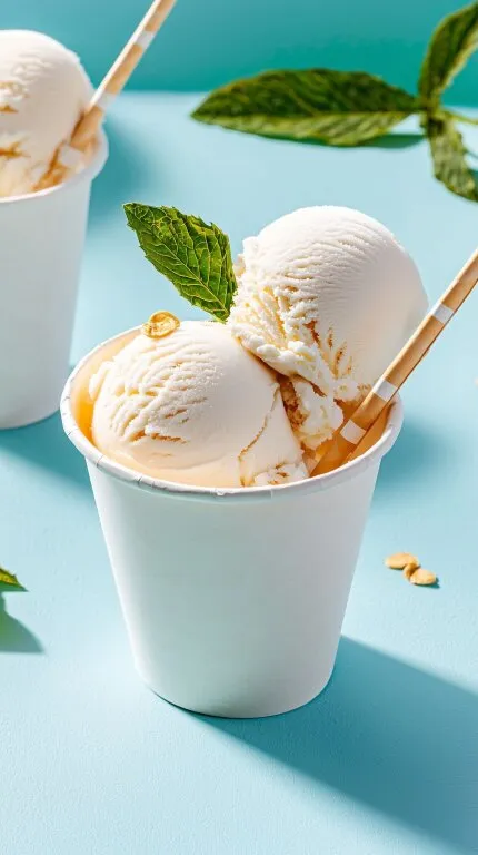Köstliches Vanilleeis in Pappbechern mit Minzblatt-Dekoration