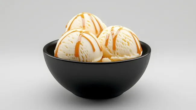 Köstliches Vanilleeis mit Karamellsauce in schwarzer Schüssel