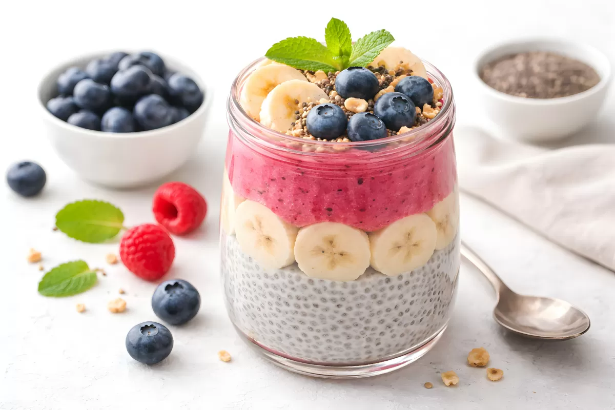 Köstliches veganes Chia-Pudding-Dessert mit Früchten