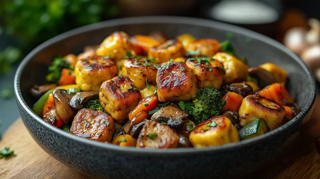 Köstliches veganes Gemüse-Curry in rustikaler Schüssel