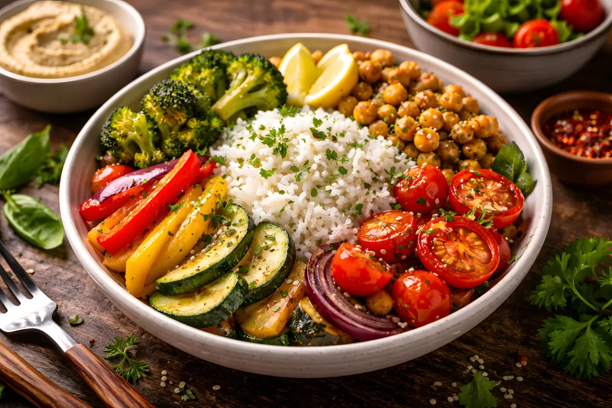 Köstliches veganes Gericht mit Gemüse und Reis
