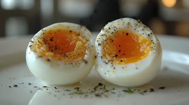 Köstliches weiches Ei mit Gewürzen auf weißem Teller