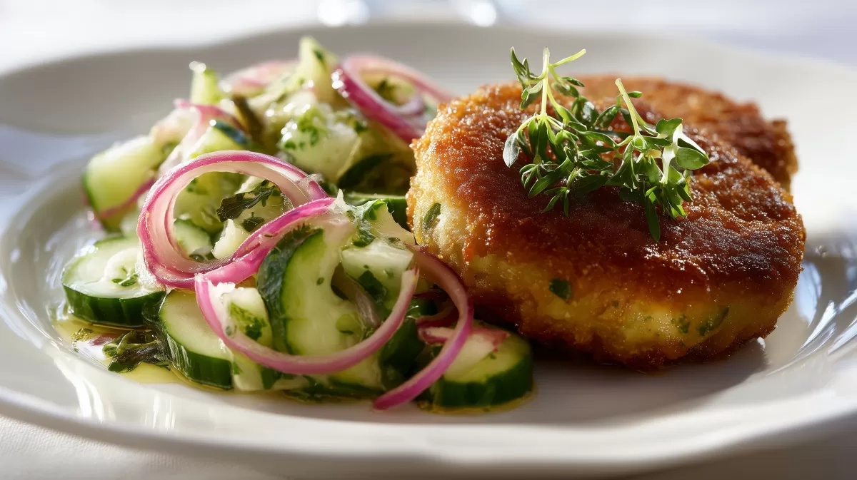 Kohlrabischnitzel mit frischem Gurkensalat auf Teller