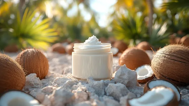 Kokos-Creme mit frischen Kokosnüssen auf Sandstrand