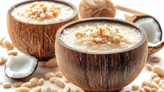 Kokos-Dessert in rustikalen Kokosschalen