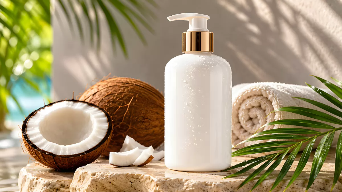 Kokos-Körperlotion mit Pumpe auf Naturstein