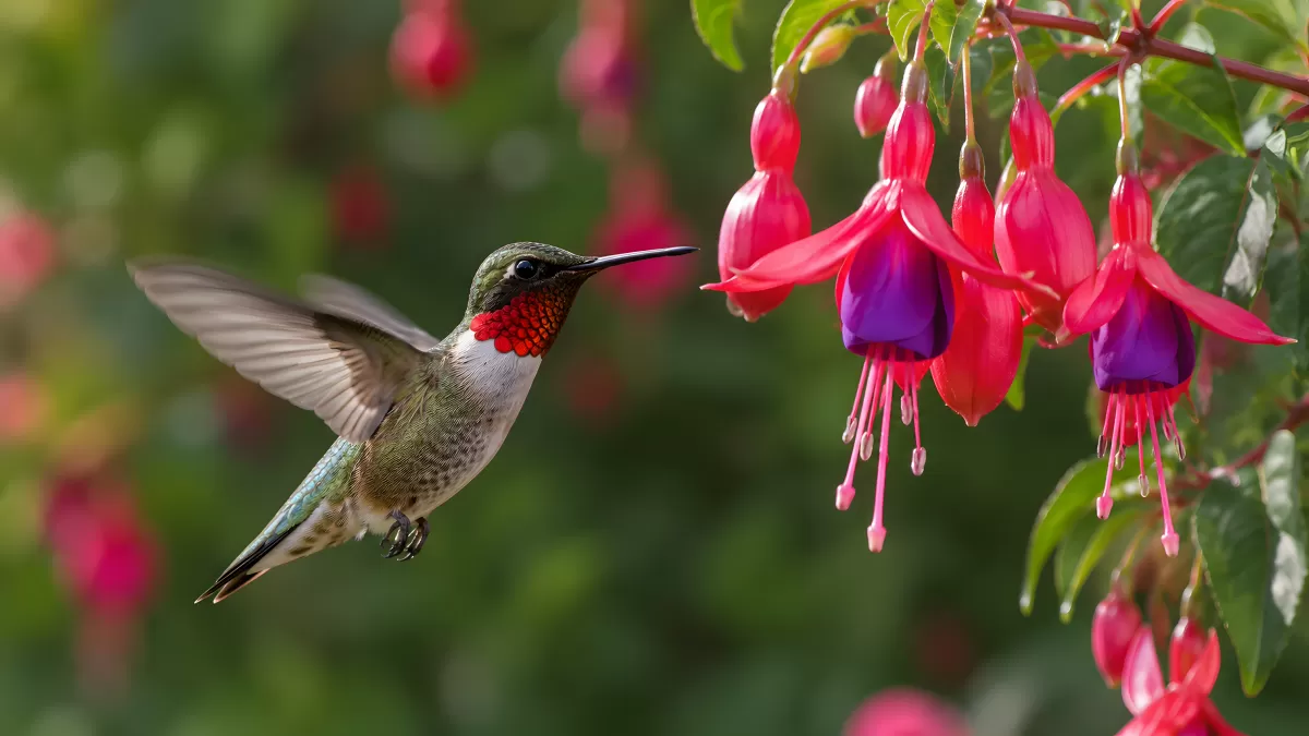 Kolibri schwebt vor leuchtenden Fuchsienblüten