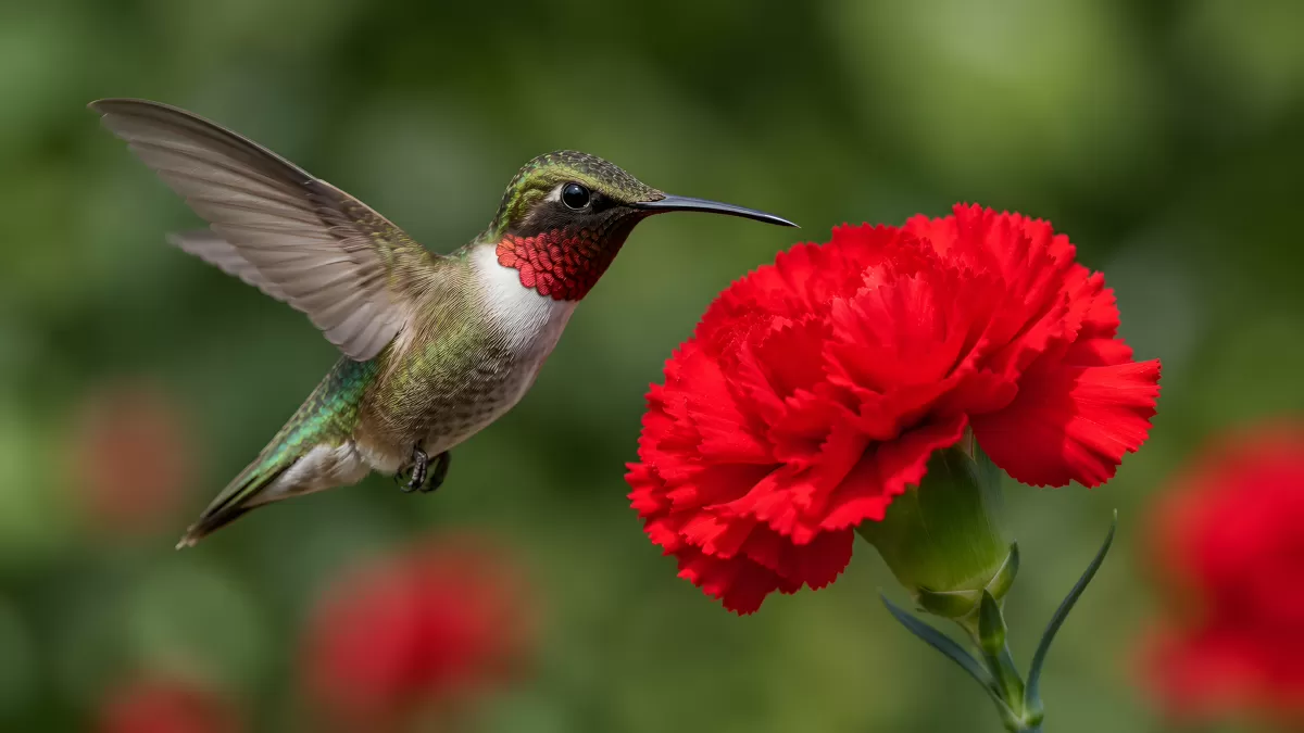 Kolibri schwebt vor roter Nelke im Garten