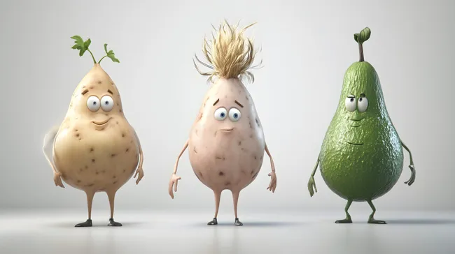 Komische Cartoon-Früchte und Gemüse mit lustigen Gesichtern