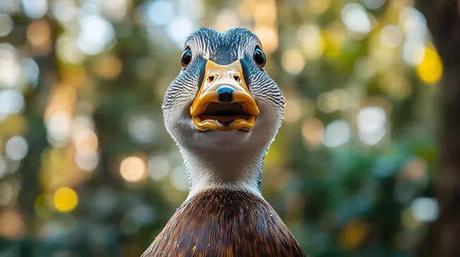 Komische Ente mit charakteristischem Gesichtsausdruck im Wald
