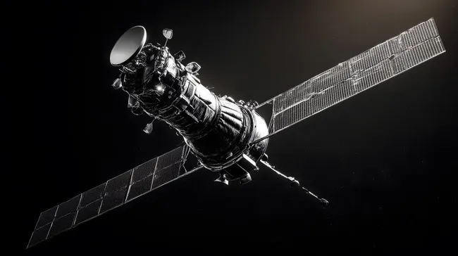 Kommunikationssatellit mit Solarpaneel im Weltraum in Schwarzweiß
