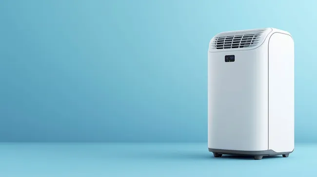 Kompakte Klimaanlage auf türkisfarbenem Hintergrund